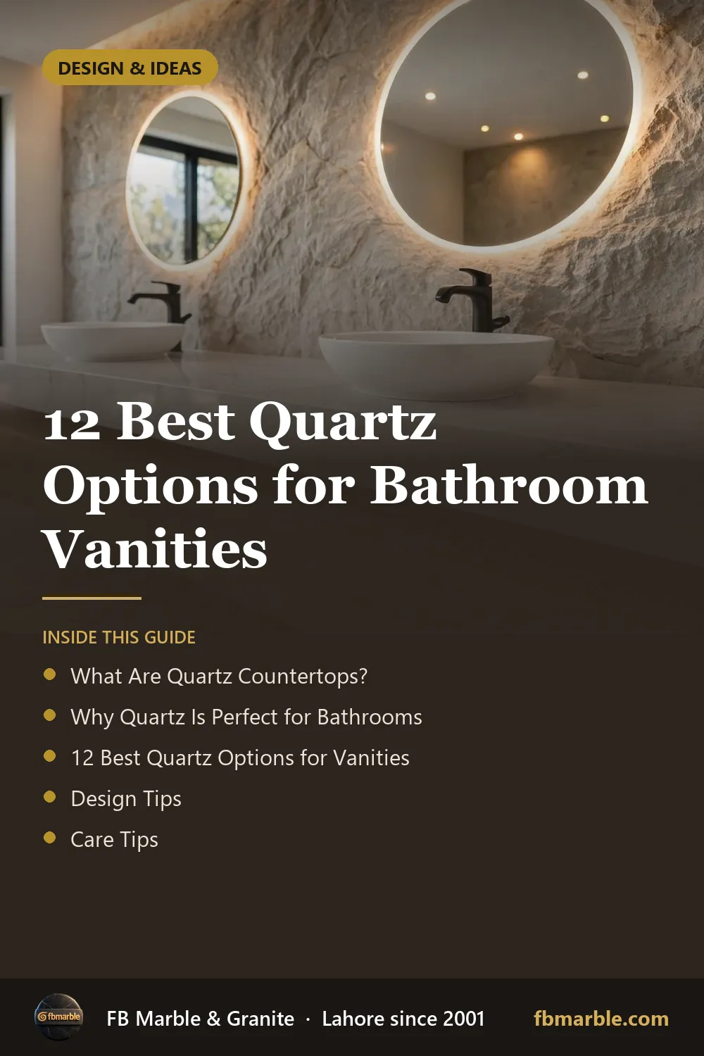 Pinterest graphic: 12 Best Quartz Options for Bathroom Vanities – FB Marble guide