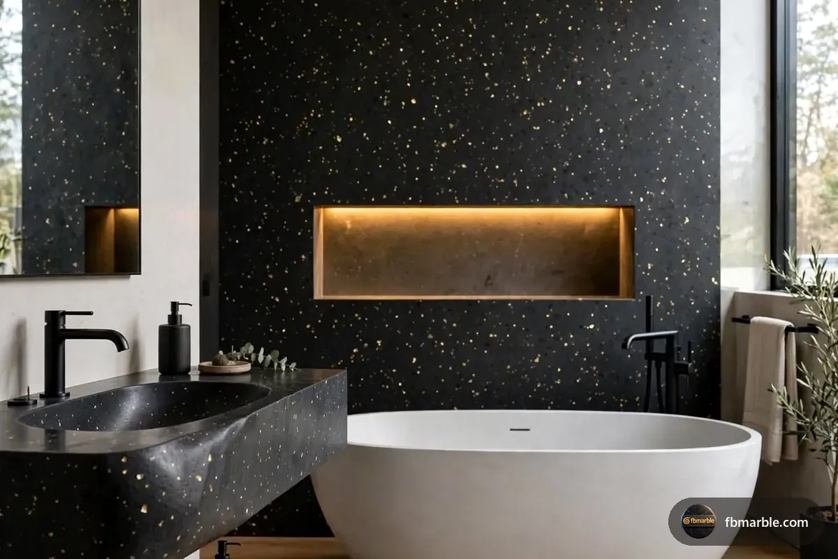 Sparkle Black Quartz slab from FB Marble Lahore, suited to black quartz vanity