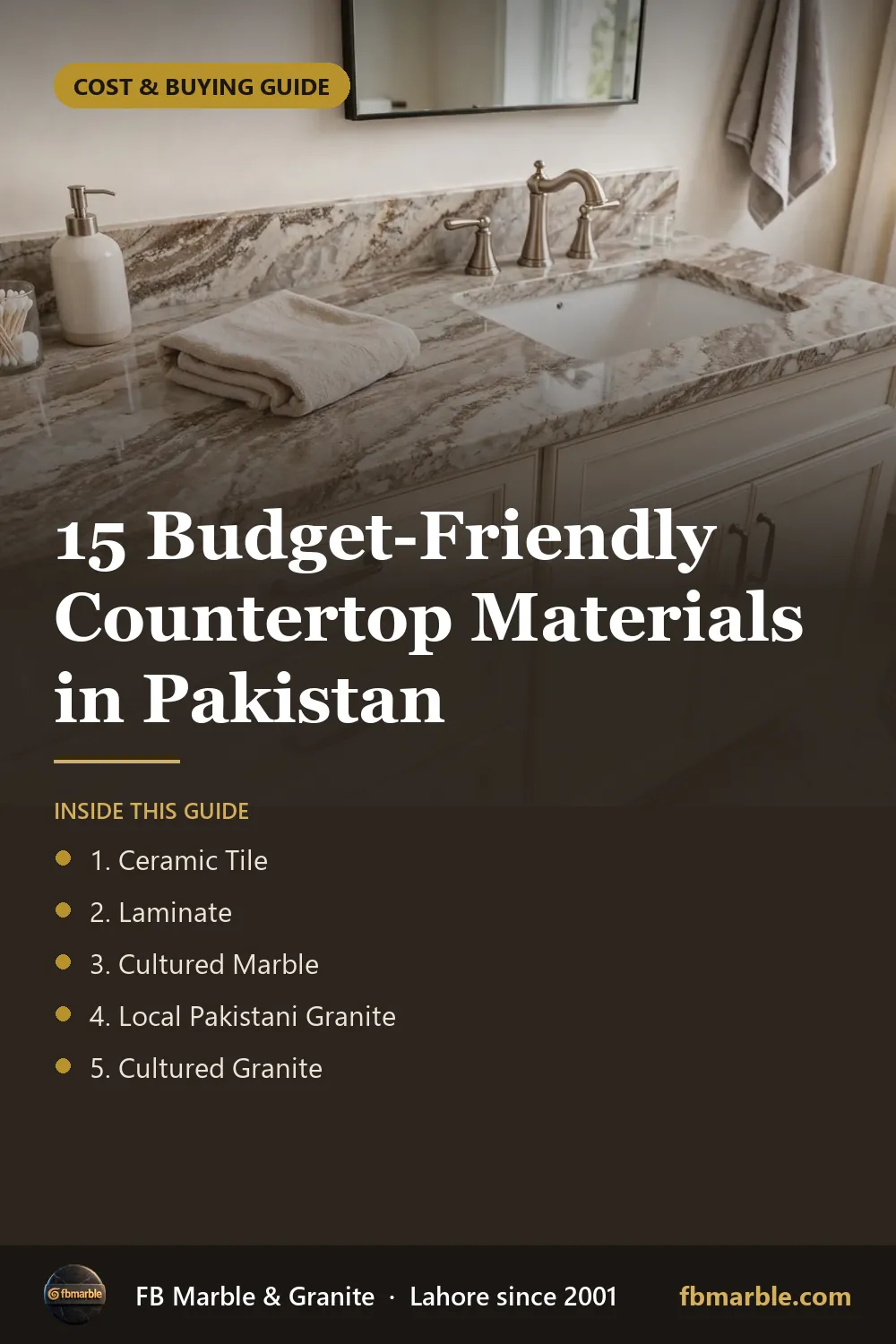 Pinterest graphic: 15 Budget-Friendly Countertop Materials in Pakistan – FB Marble guide
