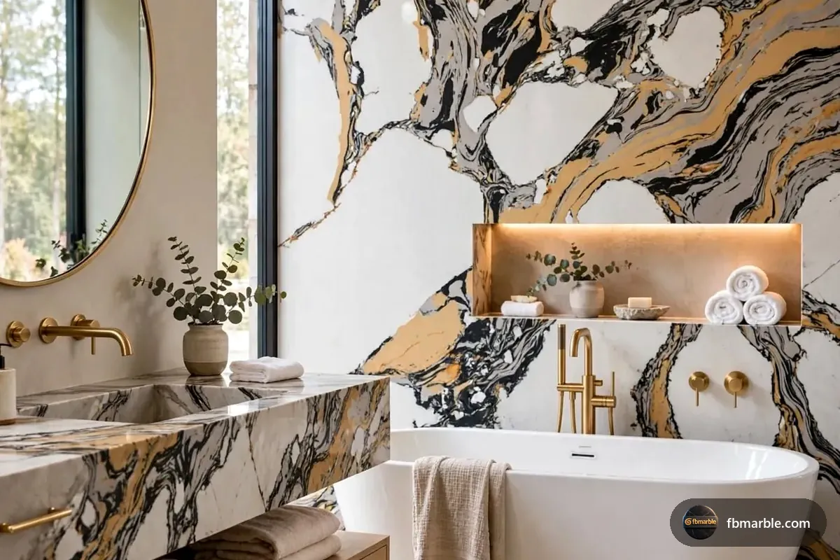 Panorama Gold Quartz slab from FB Marble Lahore, suited to tile counter