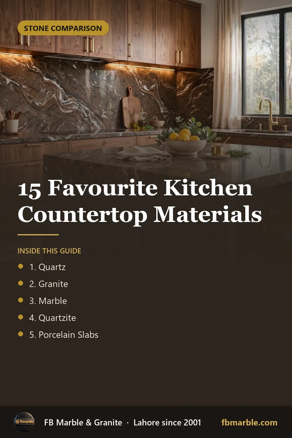 Pinterest graphic: 15 Favourite Kitchen Countertop Materials – FB Marble guide