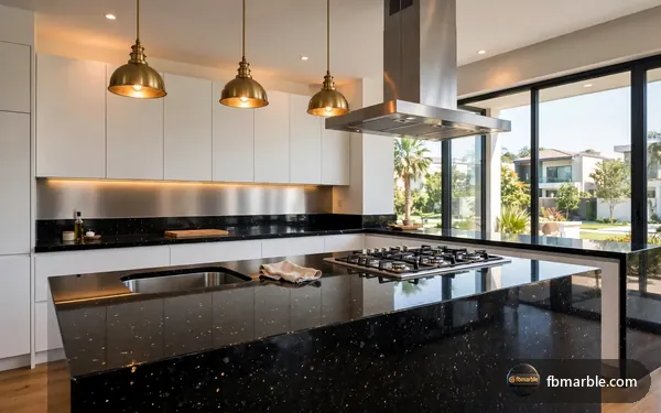 Modern kitchen with a Galaxy Black granite island and white cabinets