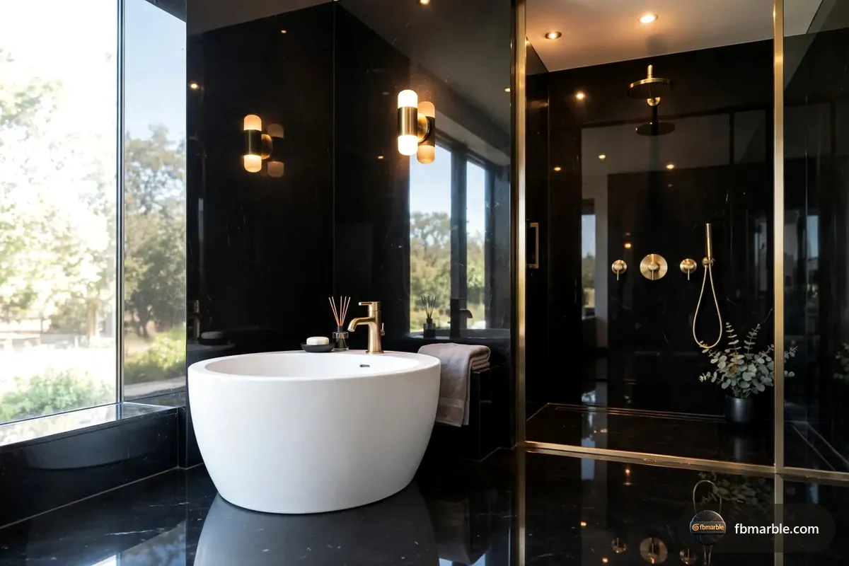 Bathroom with Silky Black marble walls