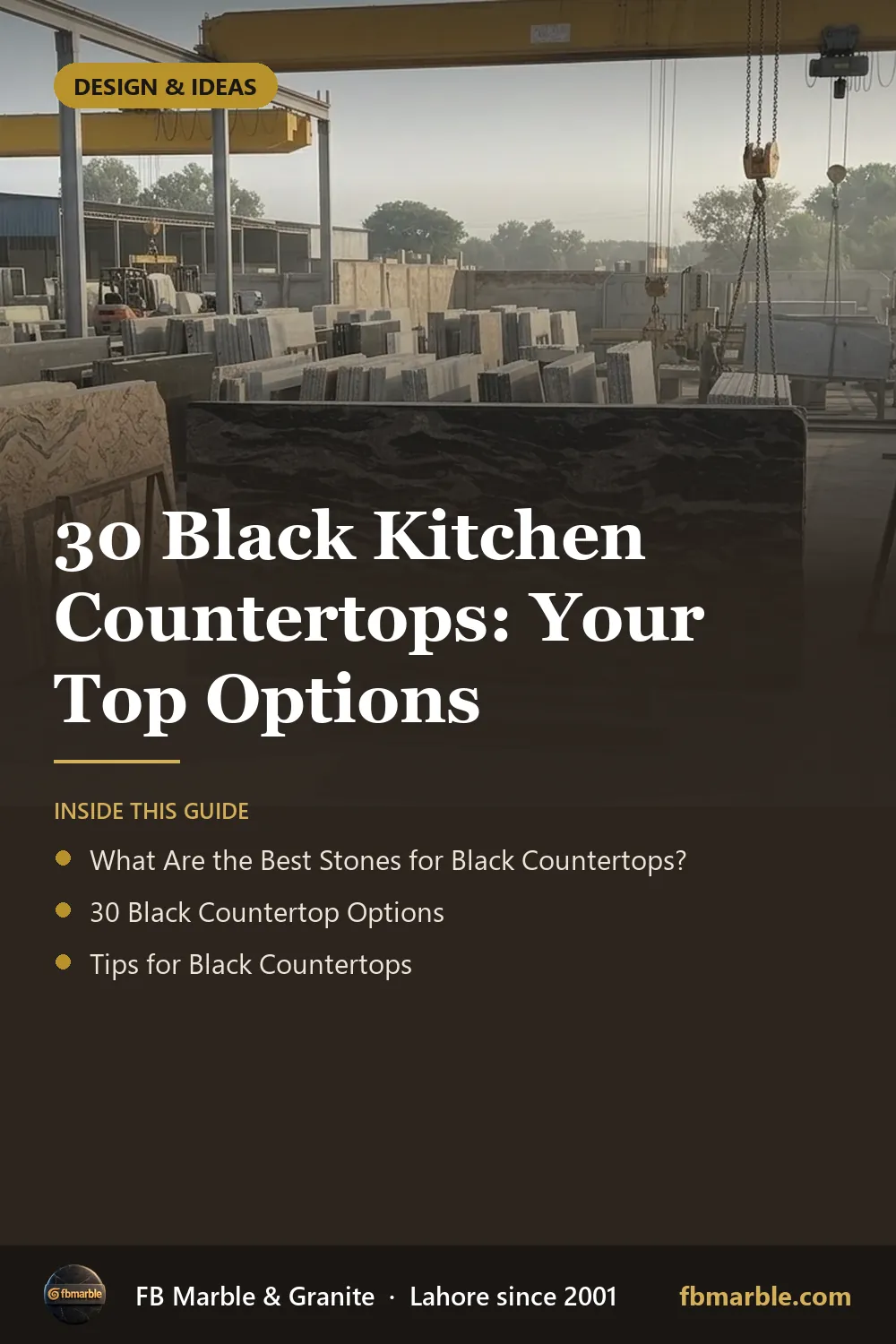 Pinterest graphic: 30 Black Kitchen Countertops: Your Top Options – FB Marble guide