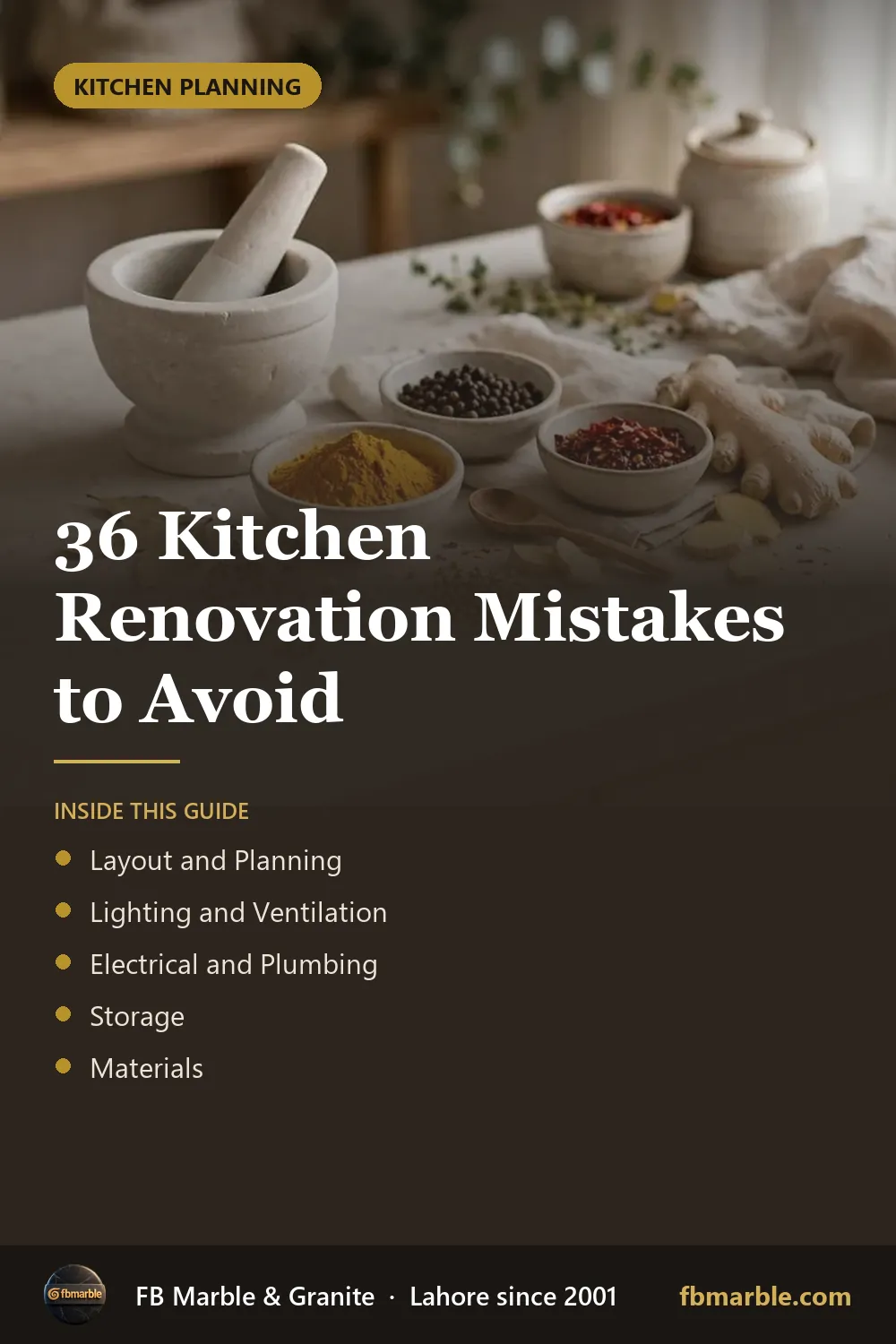 Pinterest graphic: 36 Kitchen Renovation Mistakes to Avoid – FB Marble guide