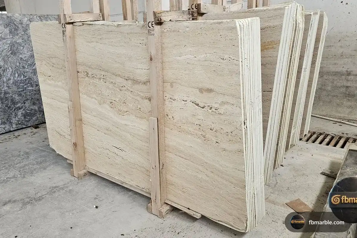 Ivory Travertine slab from FB Marble Lahore, suited to outdoor storage