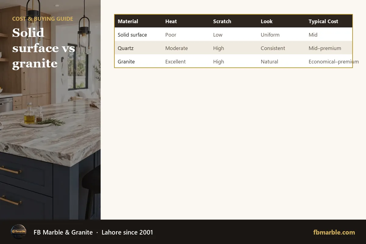 Solid surface vs granite – solid surface countertop cost infographic by FB Marble