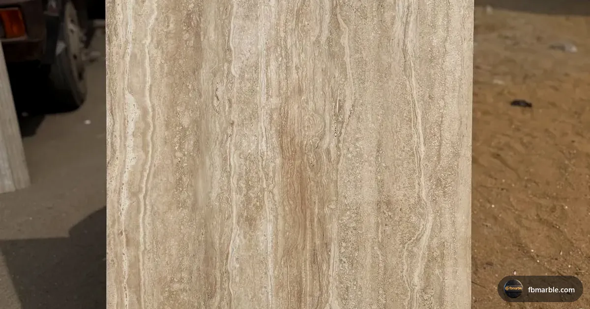 Brushed Travertine slab from FB Marble Lahore, suited to solid surface vanity with integrated sink