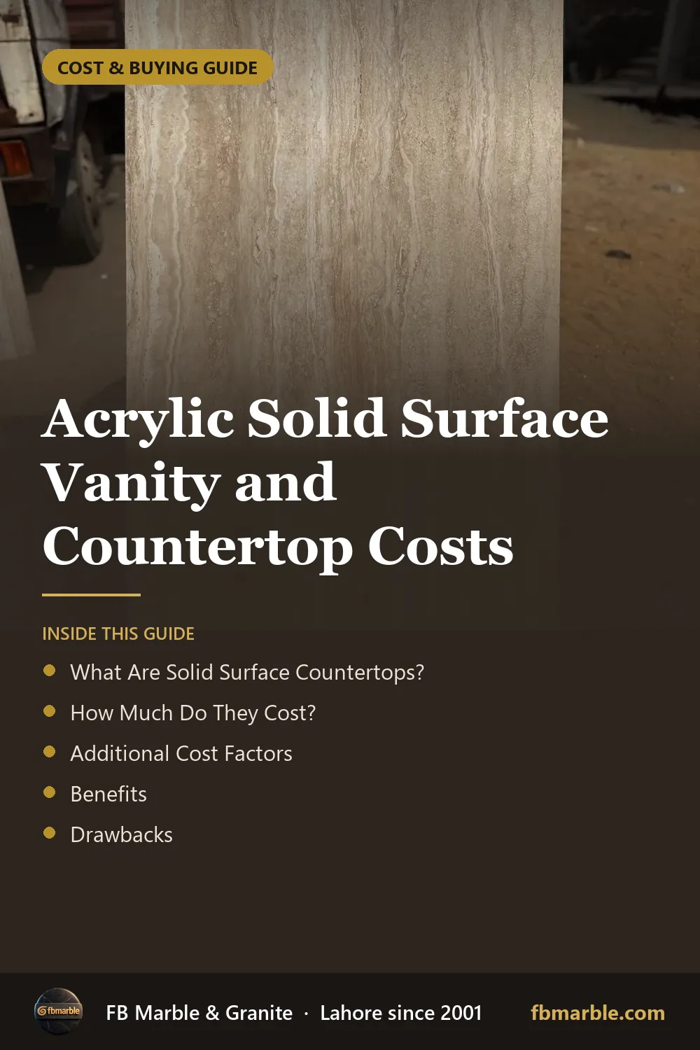 Pinterest graphic: Acrylic Solid Surface Vanity and Countertop Costs – FB Marble guide