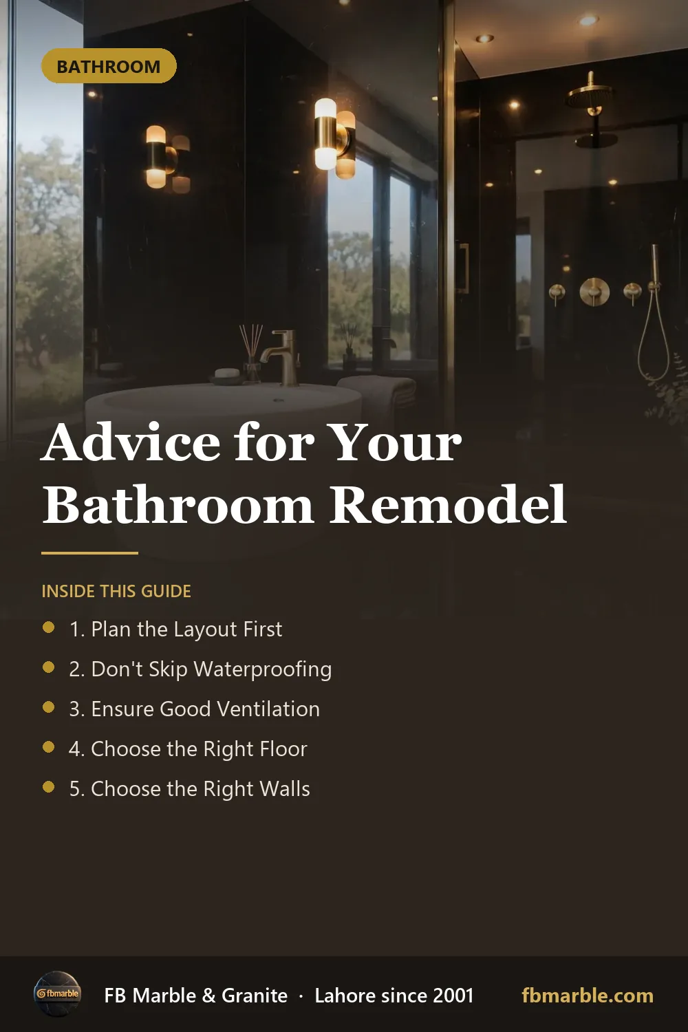 Pinterest graphic: Advice for Your Bathroom Remodel – FB Marble guide