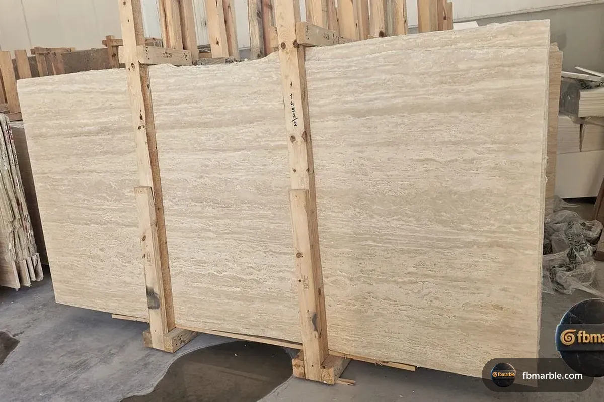 Unfilled Travertine slab from FB Marble Lahore, suited to waterproofing stage
