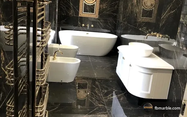 Black And Gold Marble slab from FB Marble Lahore, suited to customer viewing slabs in fb marble yard