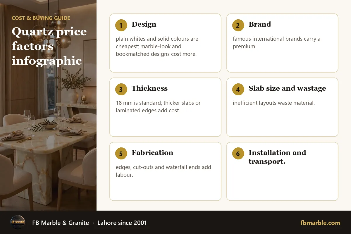 Quartz price factors infographic – affordable quartz countertops infographic by FB Marble