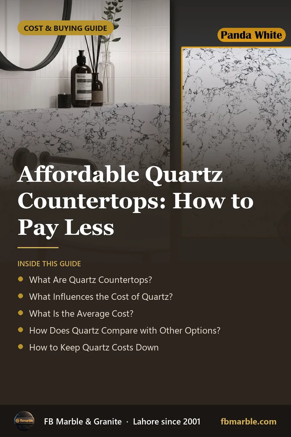 Pinterest graphic: Affordable Quartz Countertops: How to Pay Less – FB Marble guide