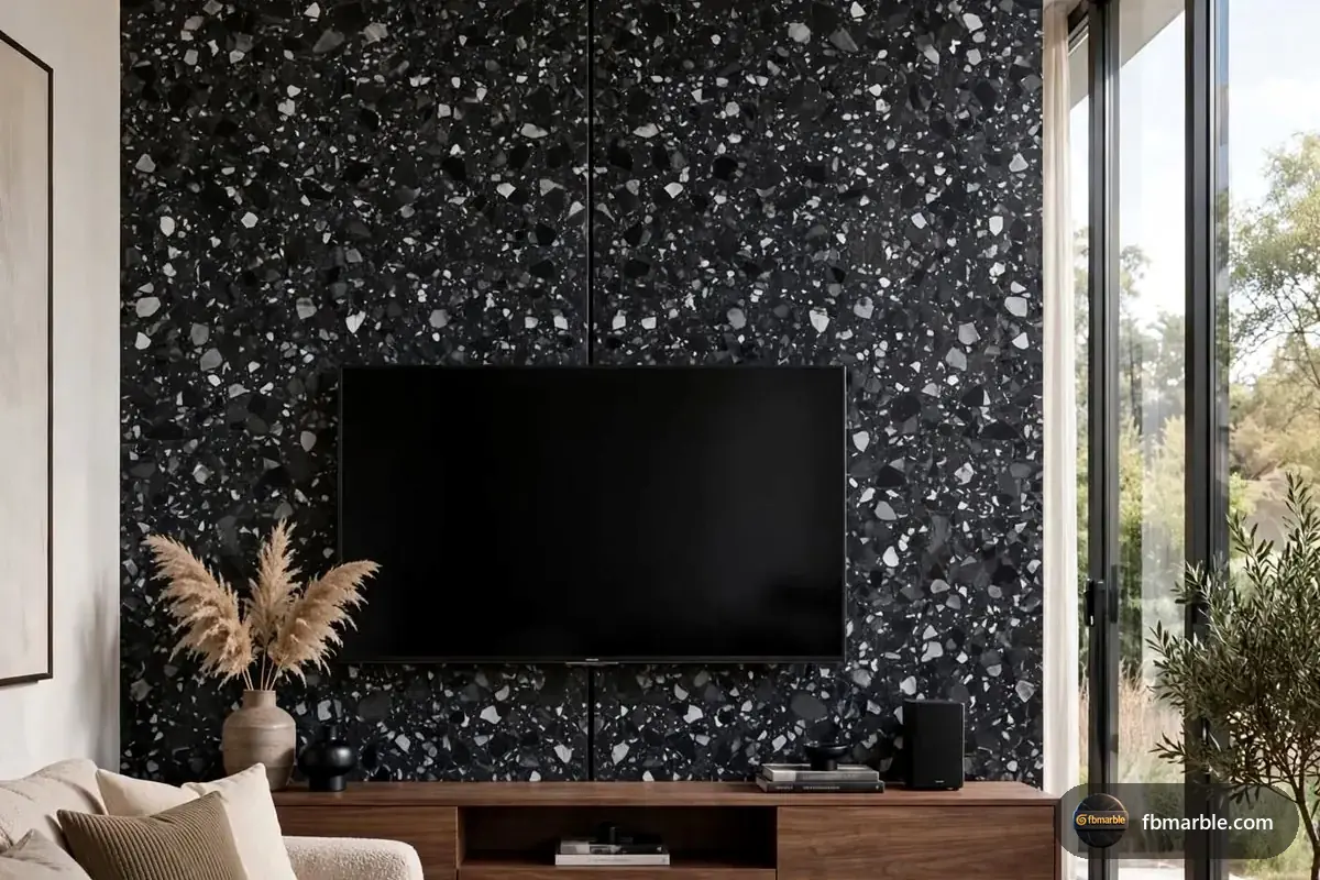 Snow Black Quartz slab from FB Marble Lahore, suited to limestone colours