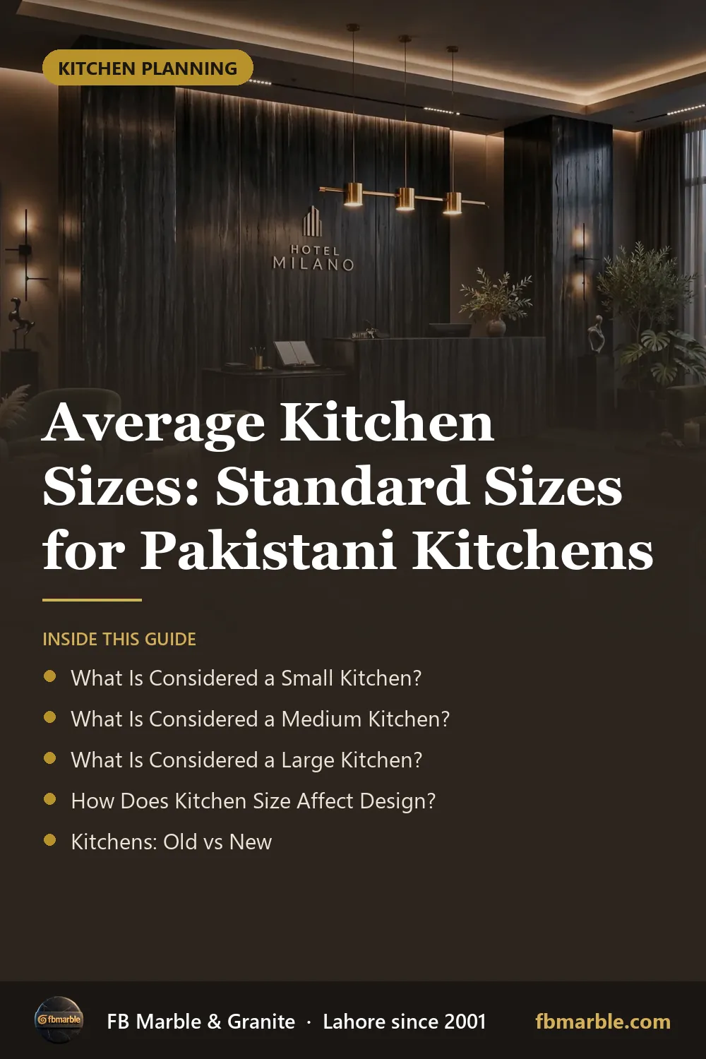 Pinterest graphic: Average Kitchen Sizes: Standard Sizes for Pakistani Kitchens – FB Marble guide