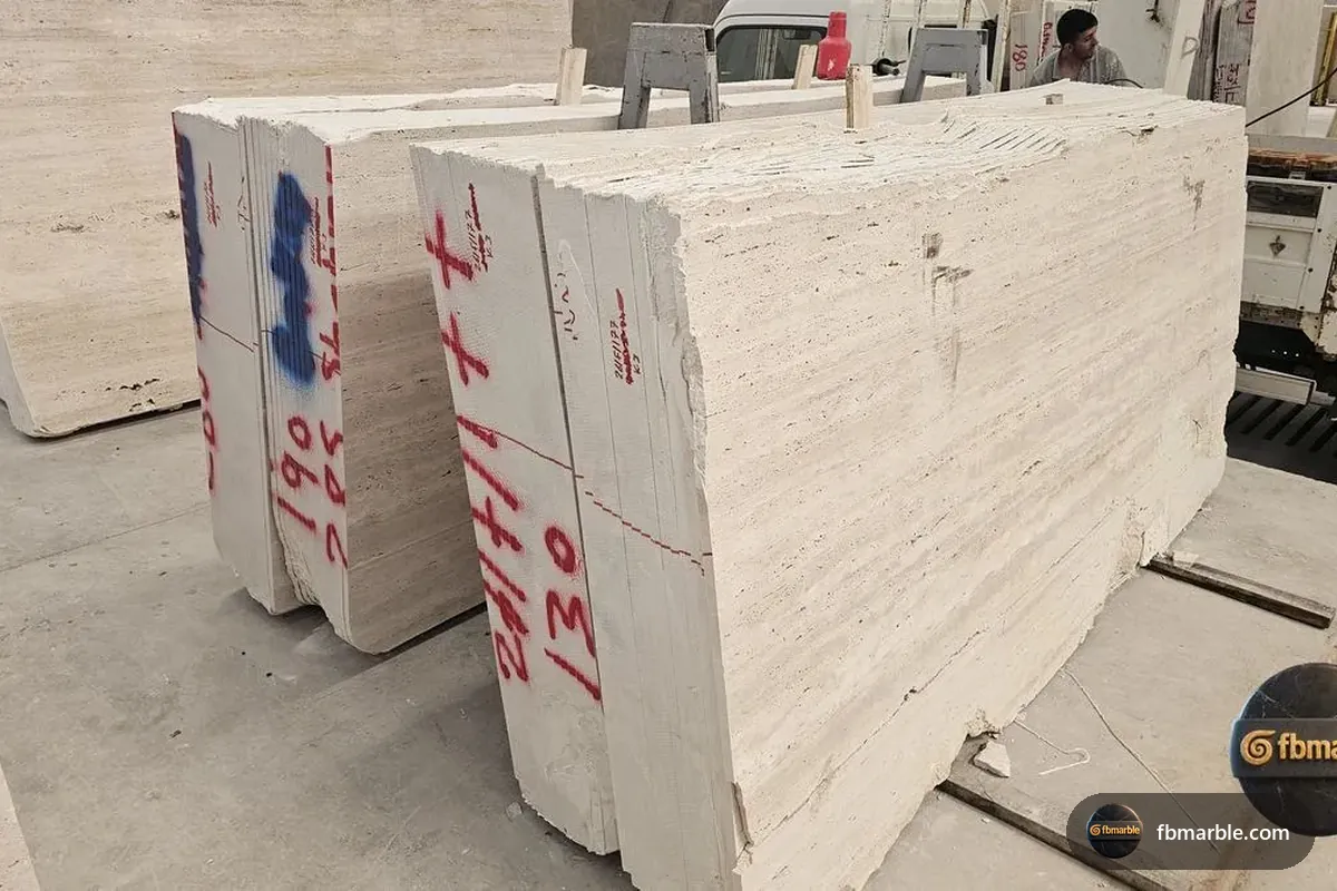 Light Travertine slab from FB Marble Lahore, suited to full-height slab backsplash