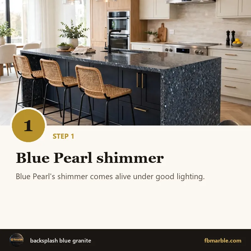 Step 1: Blue Pearl shimmer – backsplash blue granite