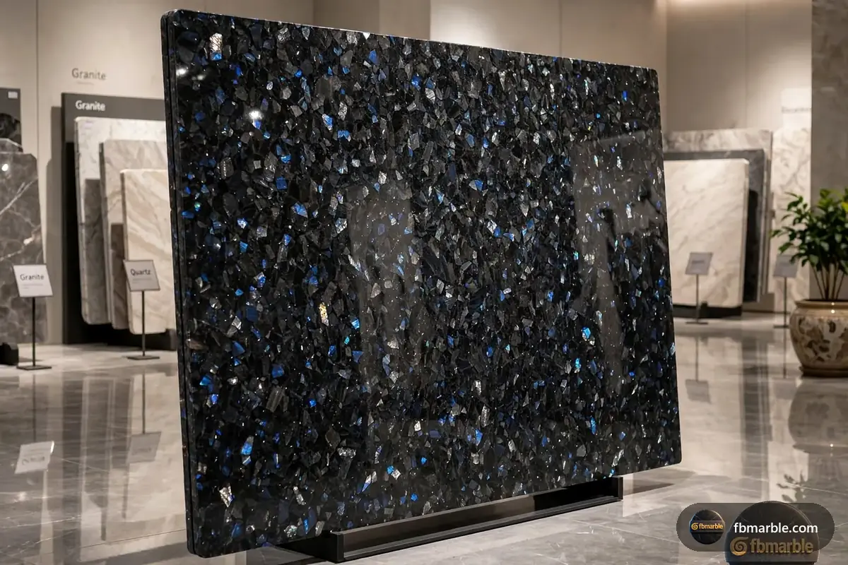 Volga Blue Granite slab from FB Marble Lahore, suited to volga blue granite with grey tiles
