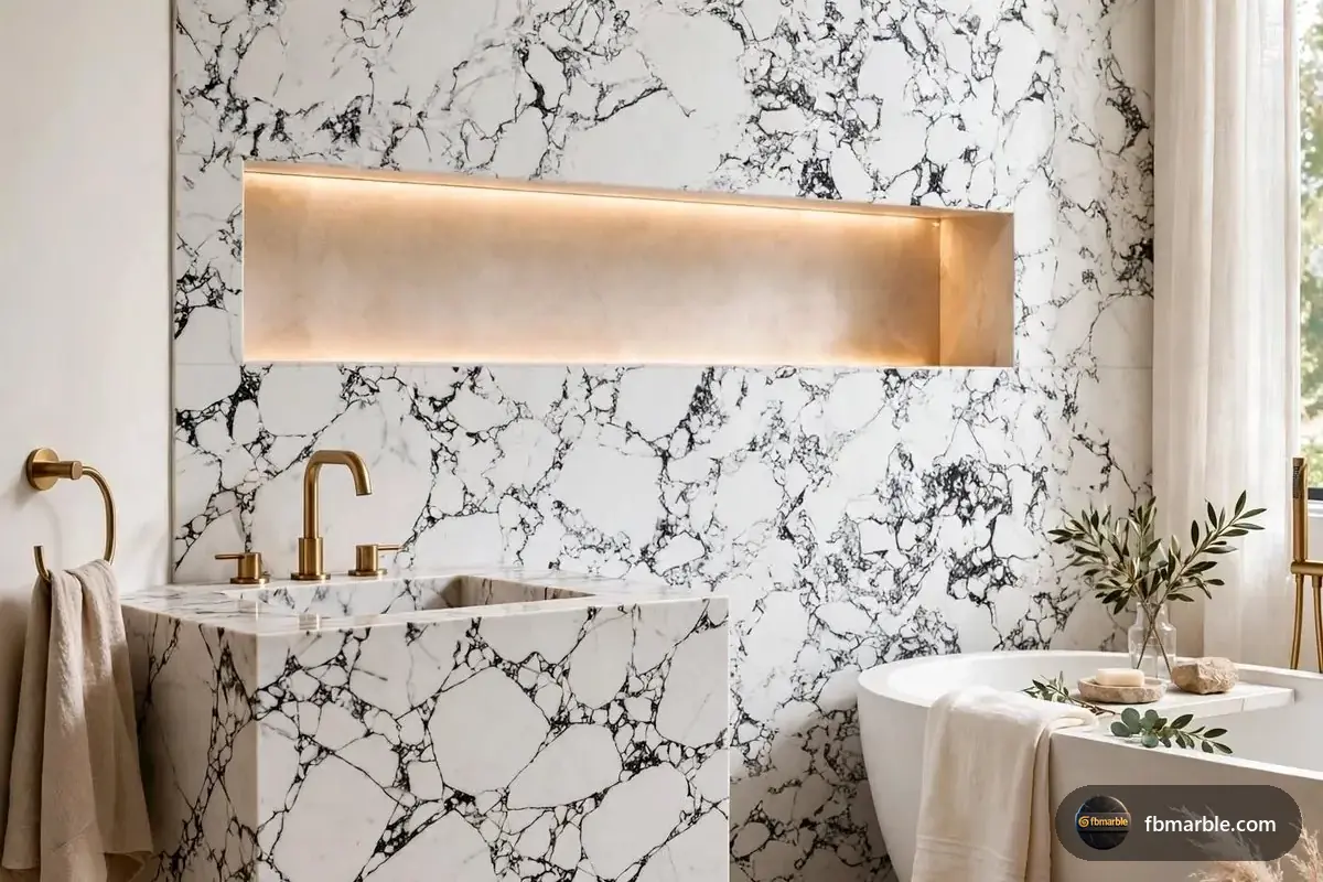 Panda White Quartz slab from FB Marble Lahore, suited to calacatta counter with white zellige tiles