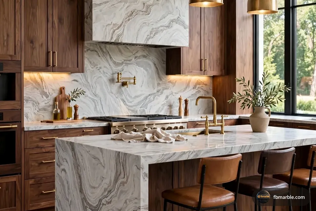 Silver Waves Quartz slab from FB Marble Lahore, suited to bookmatched slab behind range