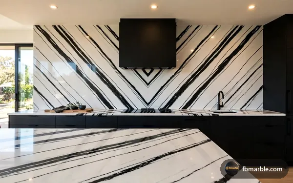 Kitchen with Panda White quartz bookmatched backsplash