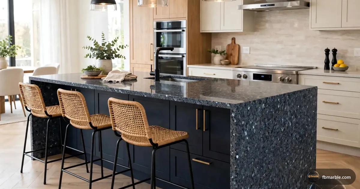 Blue Pearl Granite slab from FB Marble Lahore, suited to granite counter with subway tile backsplash