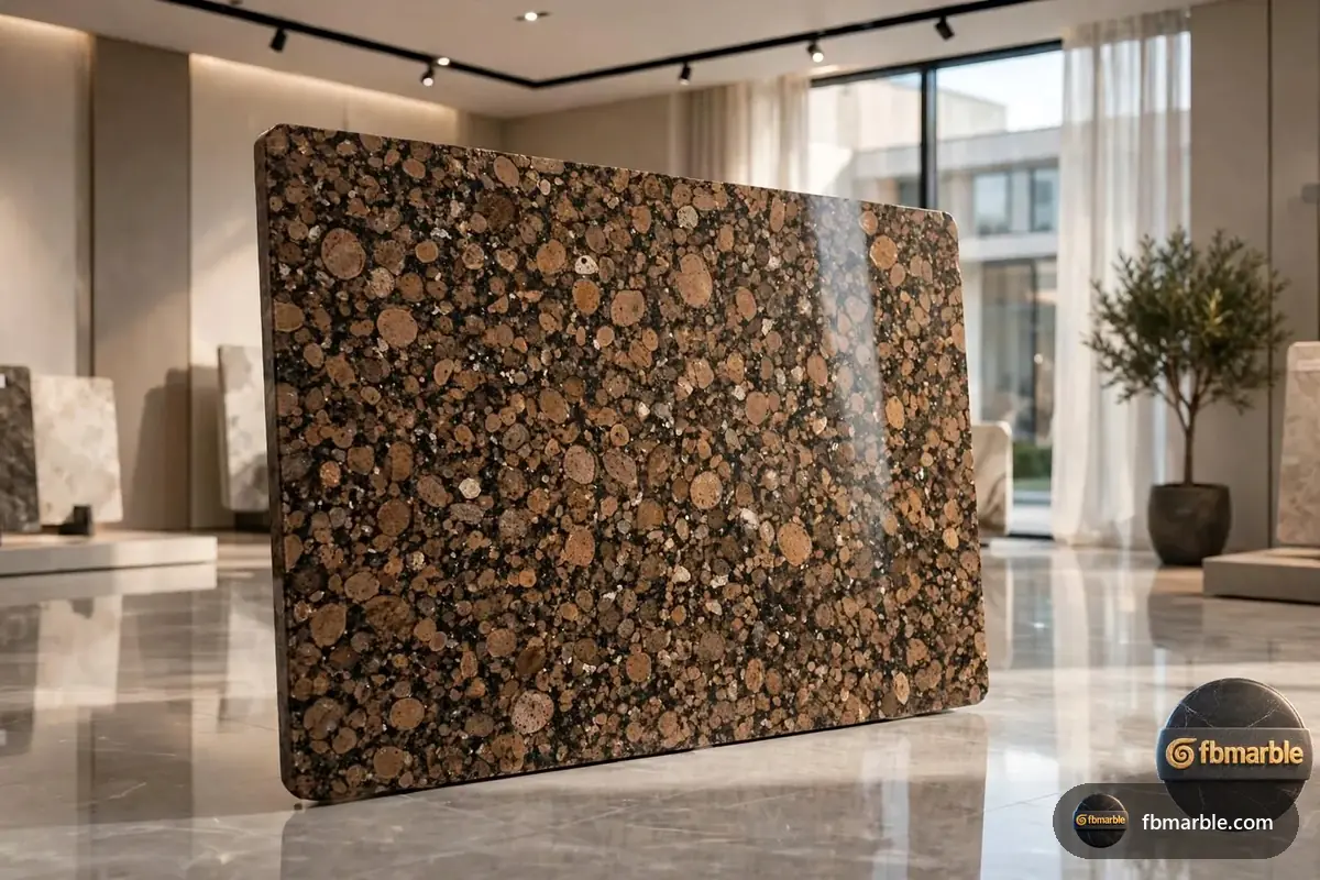 Baltic Brown Granite slab from FB Marble Lahore, suited to full granite backsplash