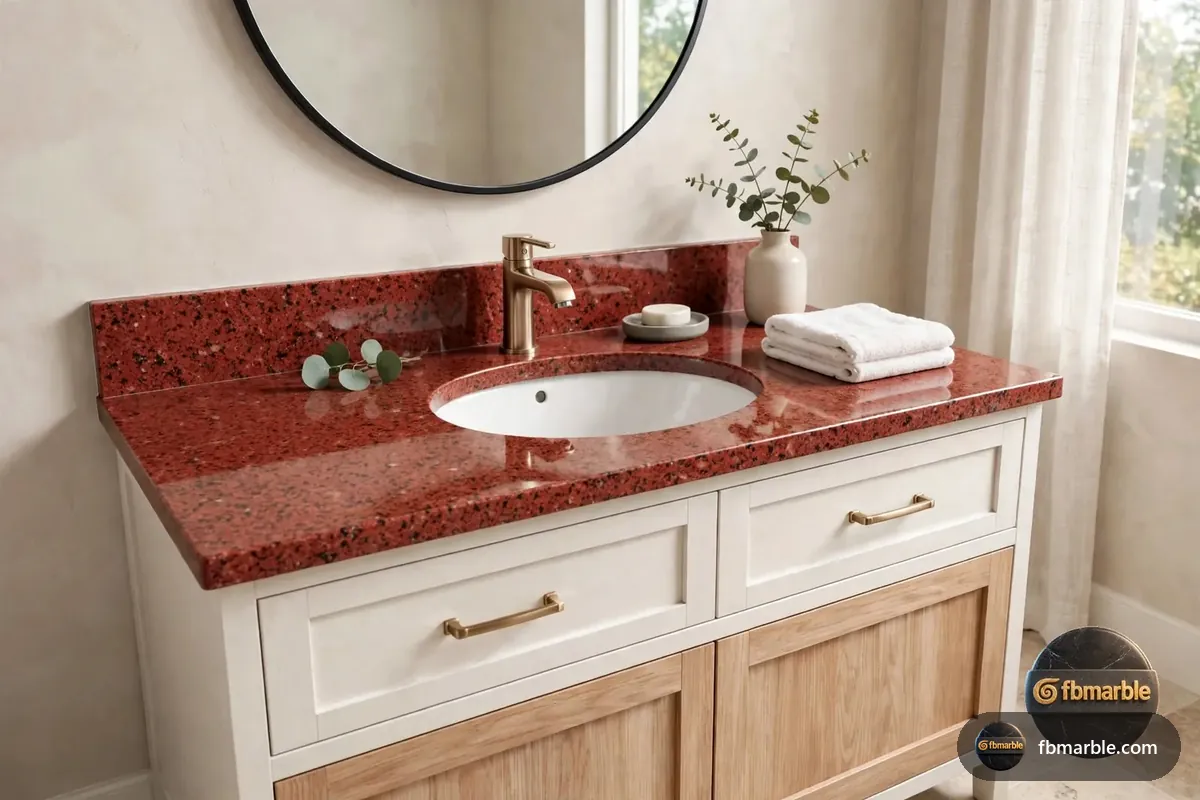Red Rubi Granite slab from FB Marble Lahore, suited to granite with glass tile