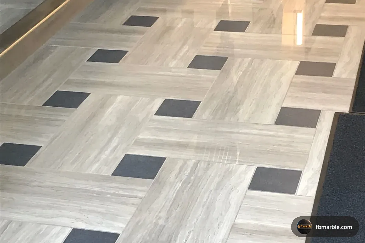 Sunny White Marble slab from FB Marble Lahore, suited to black and white backsplash