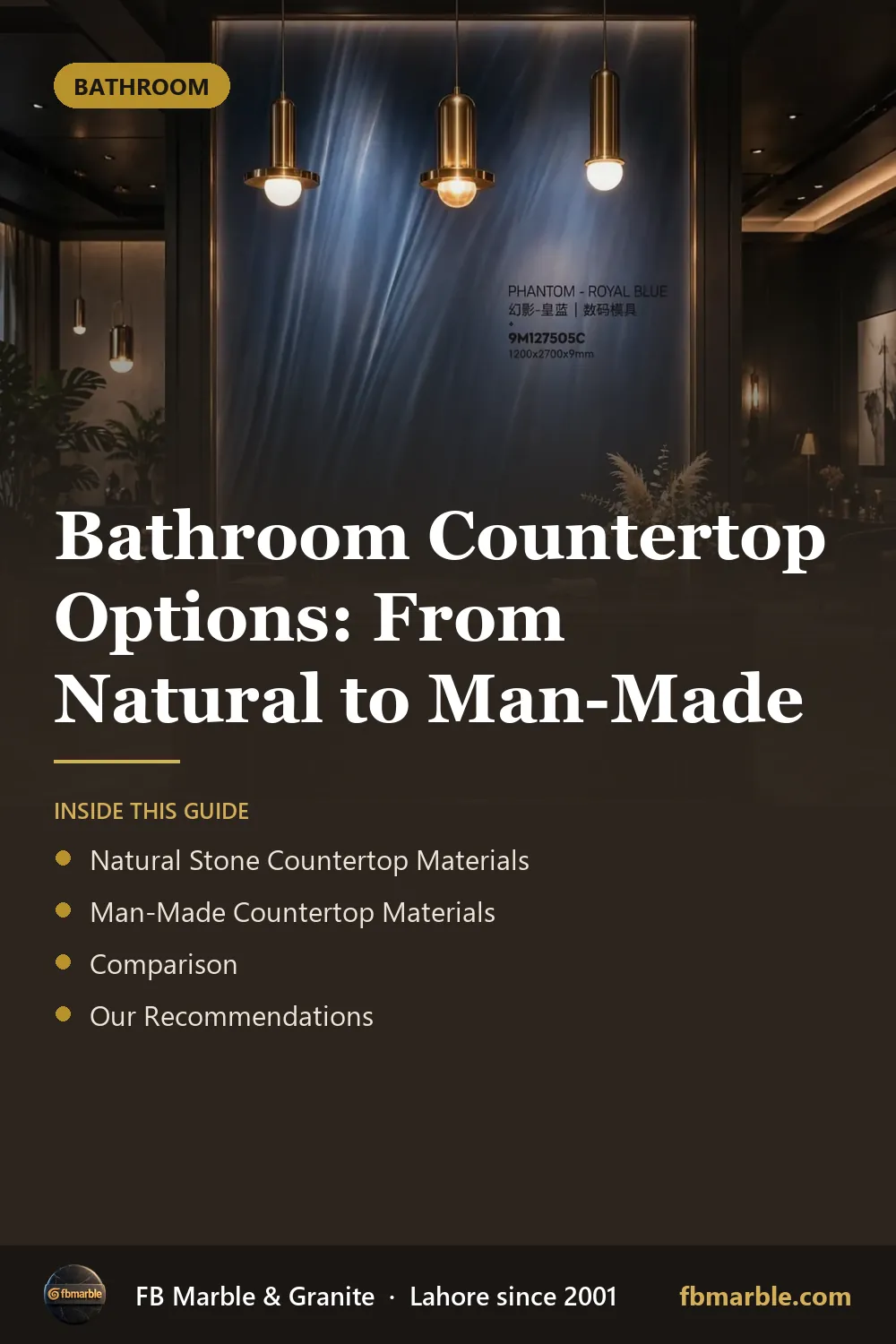 Pinterest graphic: Bathroom Countertop Options: From Natural to Man-Made – FB Marble guide