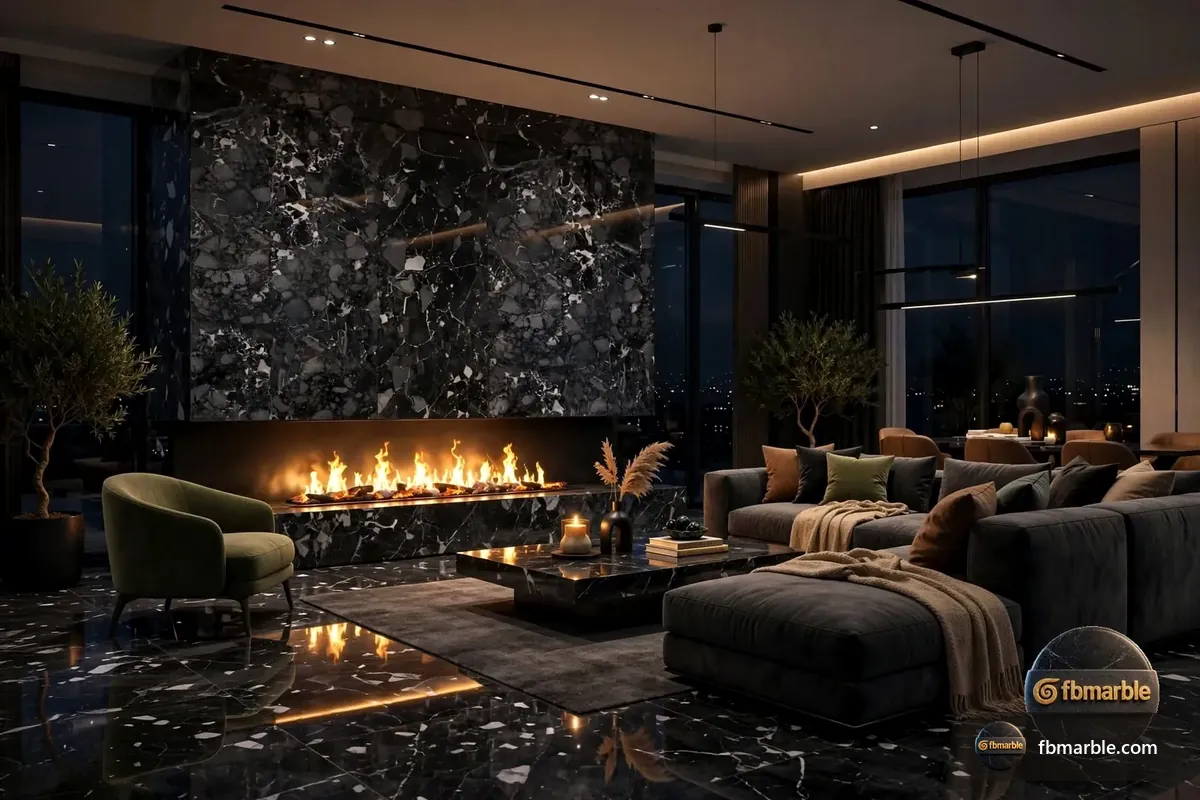 Mercedes Black Porcelain slab from FB Marble Lahore, suited to stone vanity with wooden cabinet