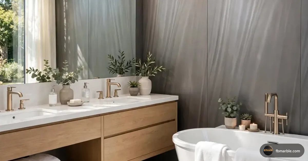 Phantom Medium Grey Cover Porcelain slab from FB Marble Lahore, suited to natural-style bathroom with stone and plants