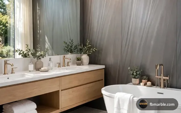 Phantom Medium Grey Cover Porcelain slab from FB Marble Lahore, suited to natural-style bathroom with stone and plants