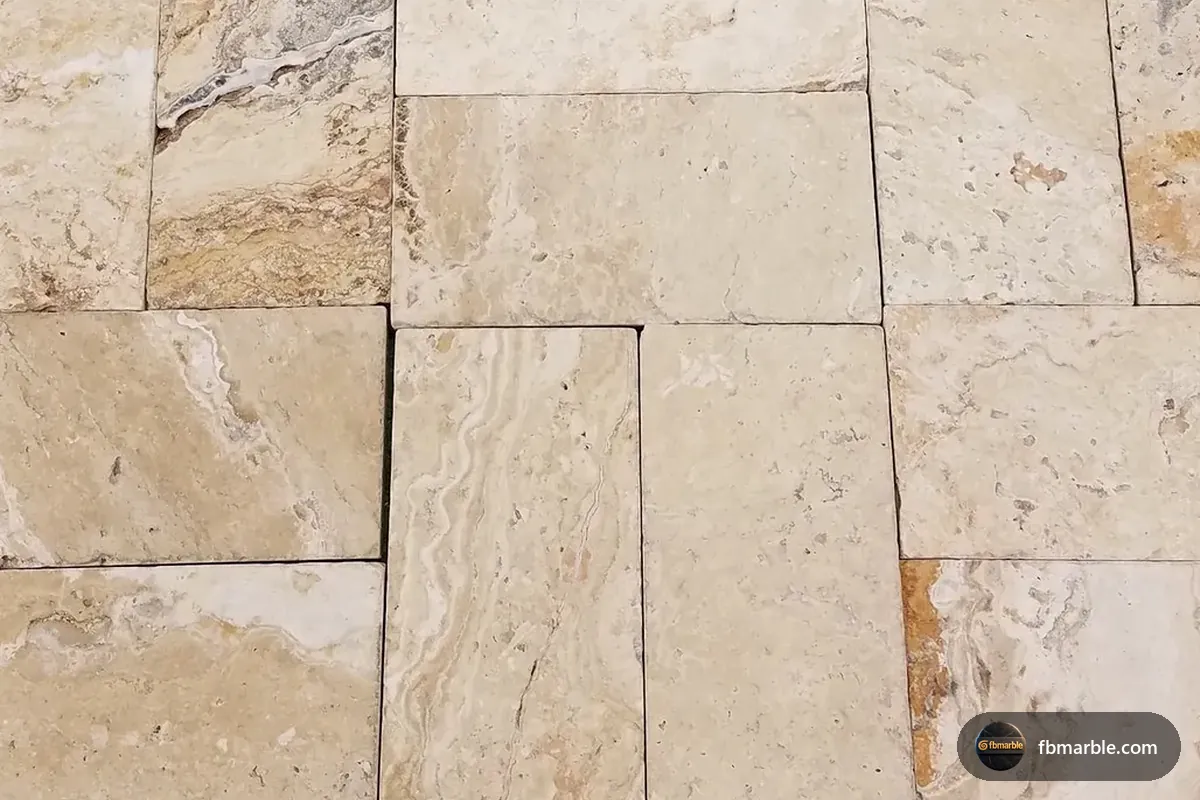 Tumbled Travertine slab from FB Marble Lahore, suited to pebble floor detail