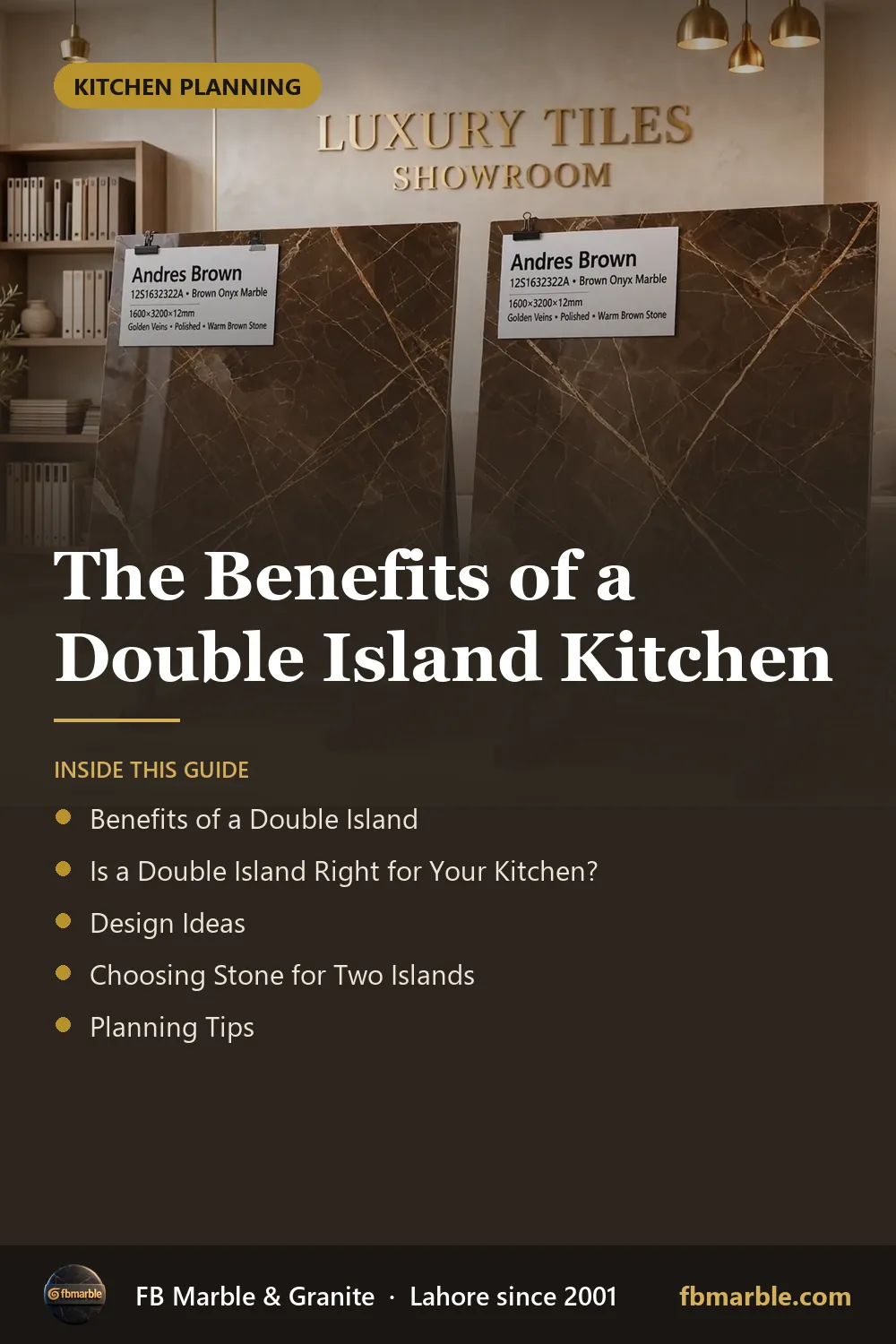 Pinterest graphic: The Benefits of a Double Island Kitchen – FB Marble guide
