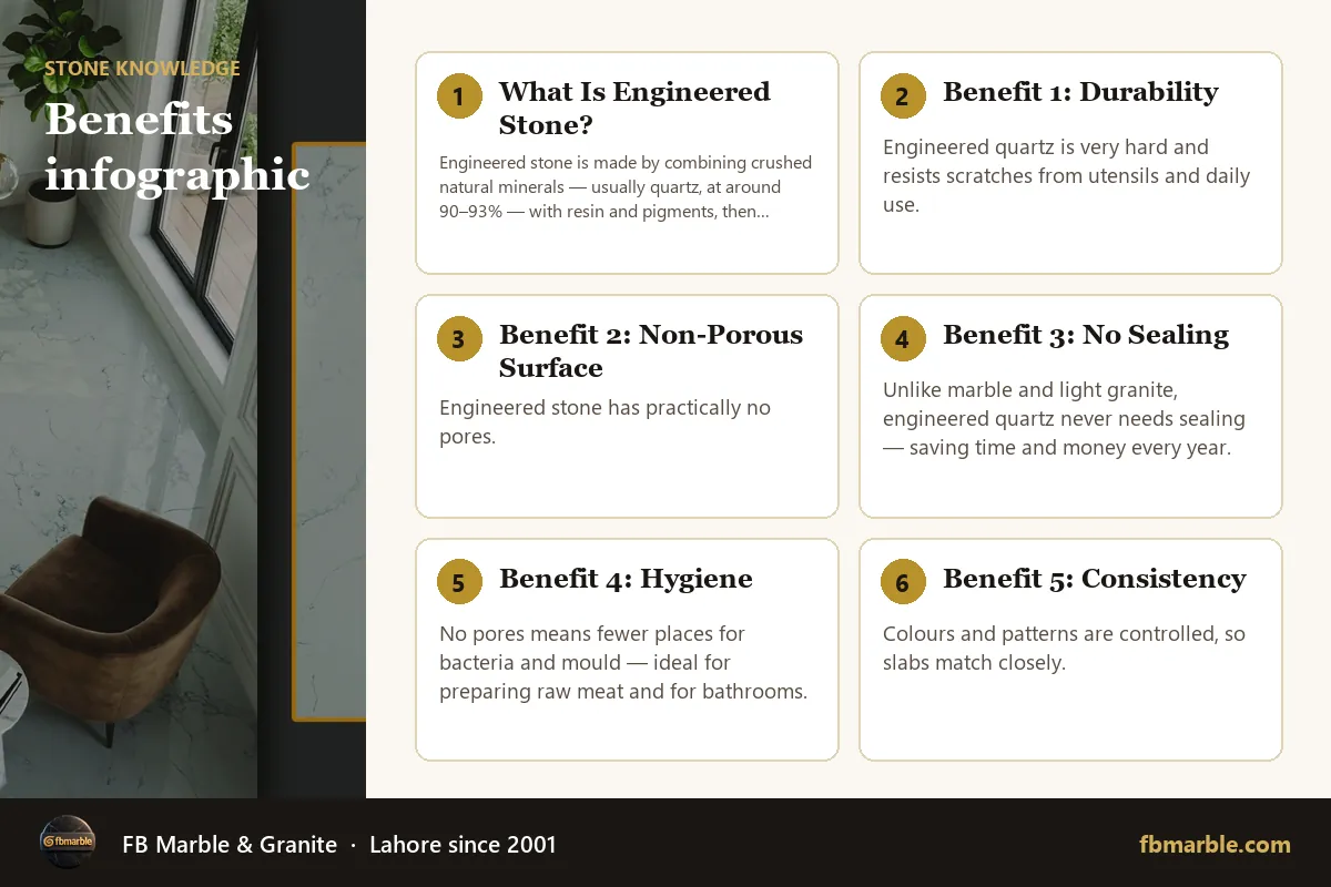 Benefits infographic – engineered stone benefits infographic by FB Marble