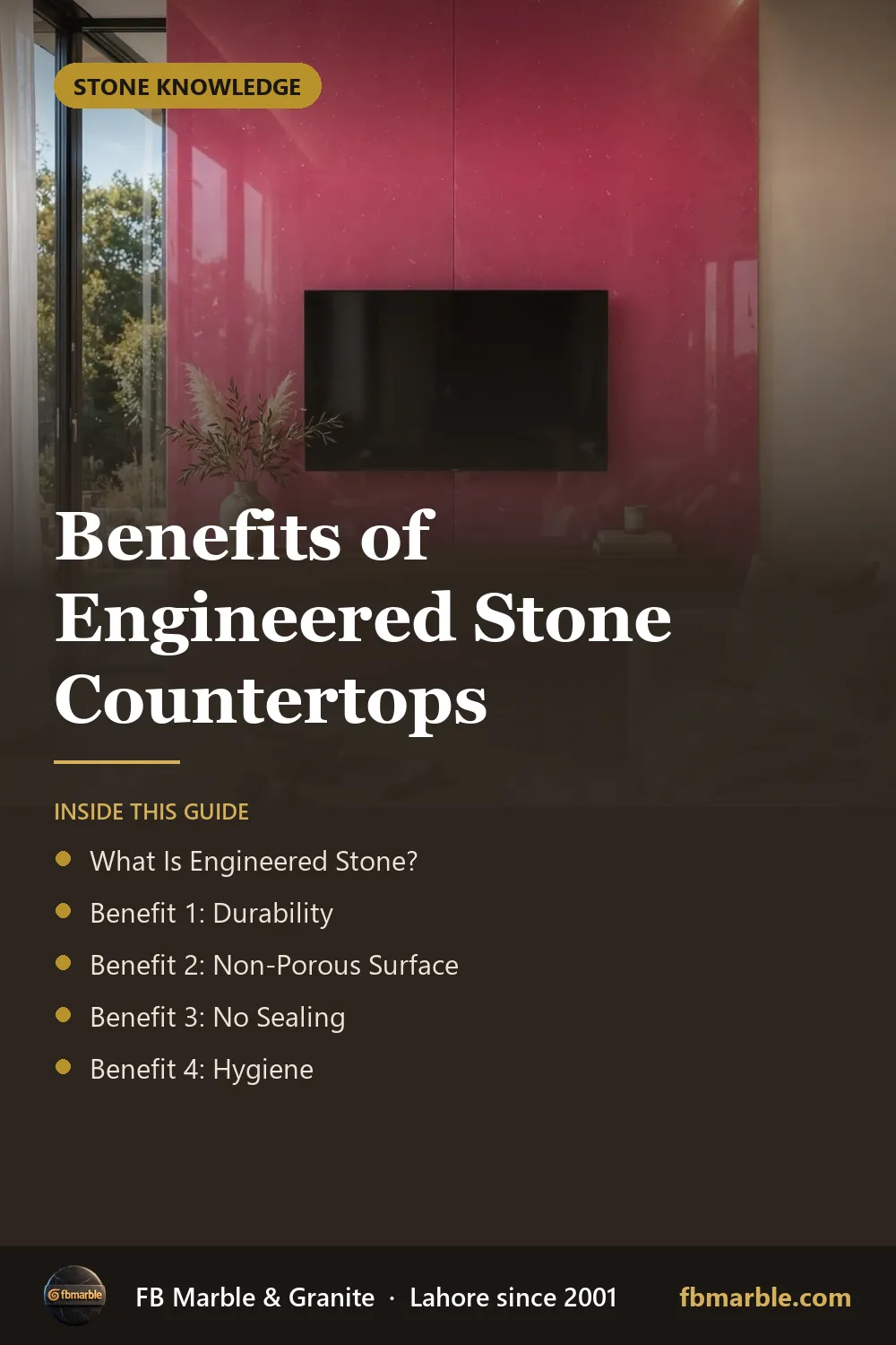 Pinterest graphic: Benefits of Engineered Stone Countertops – FB Marble guide
