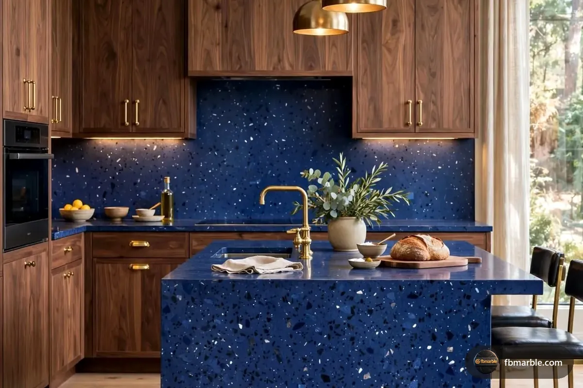 Navy Blue Quartz slab from FB Marble Lahore, suited to café service counter in quartz