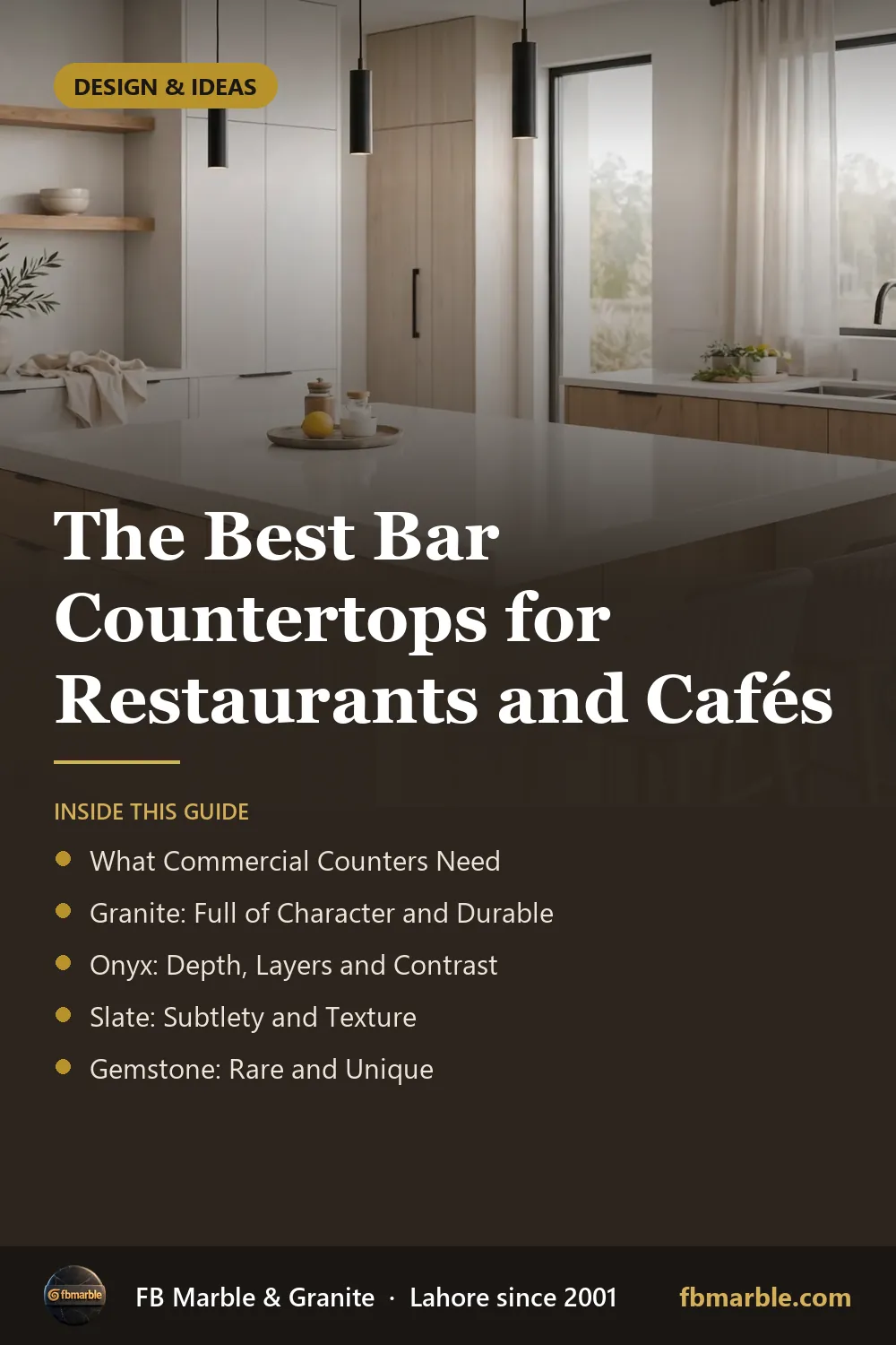 Pinterest graphic: The Best Bar Countertops for Restaurants and Cafés – FB Marble guide