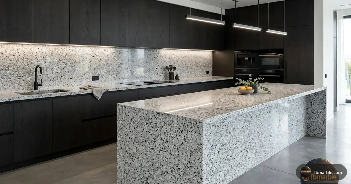 Grey Suprema Granite slab from FB Marble Lahore, suited to alternative countertop materials display
