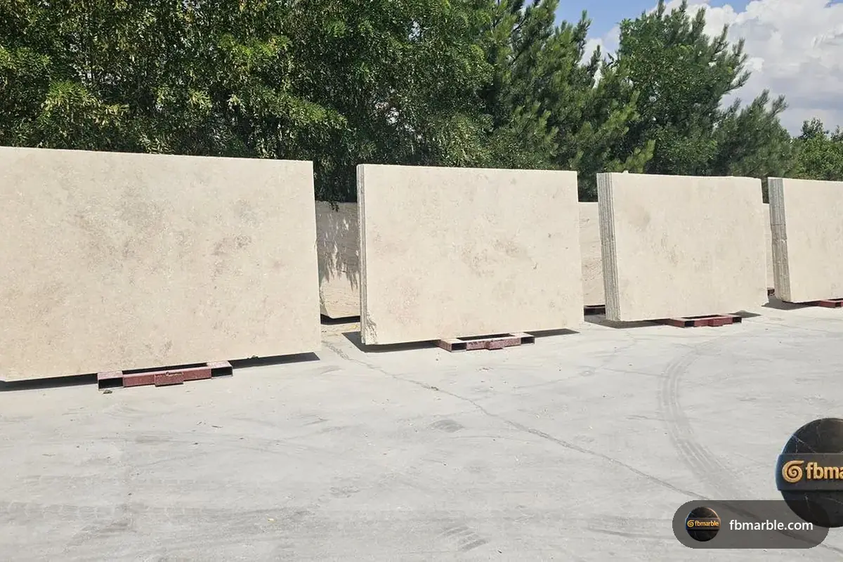 White Travertine slab from FB Marble Lahore, suited to quartzite island