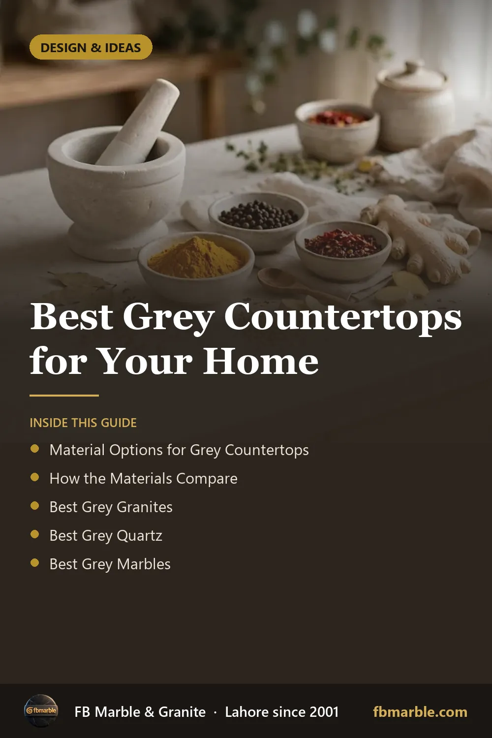 Pinterest graphic: Best Grey Countertops for Your Home – FB Marble guide