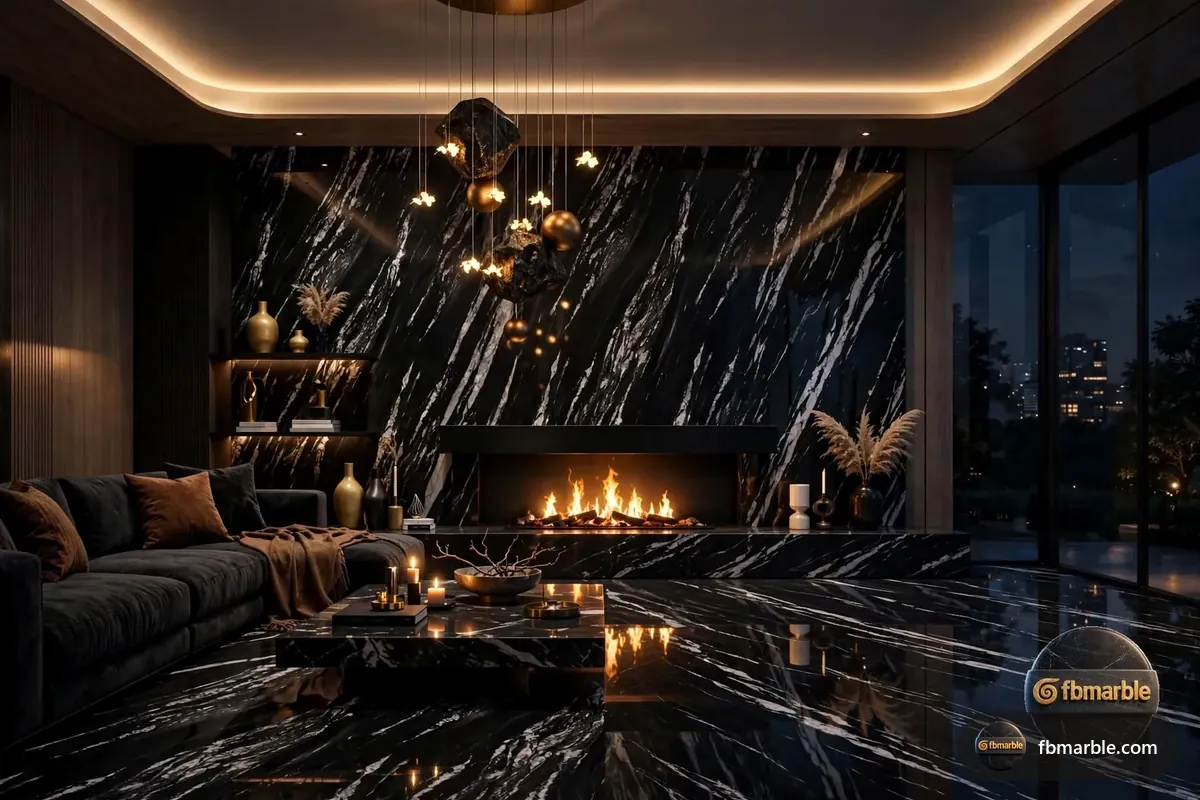 Brazilian Black Gold Porcelain slab from FB Marble Lahore, suited to porcelain marble-look wall