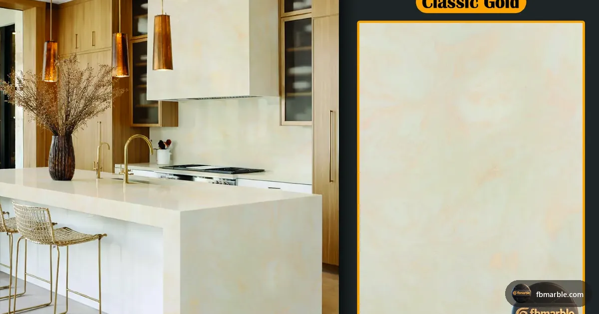 Classic Gold Quartz slab from FB Marble Lahore, suited to gold-veined quartz island