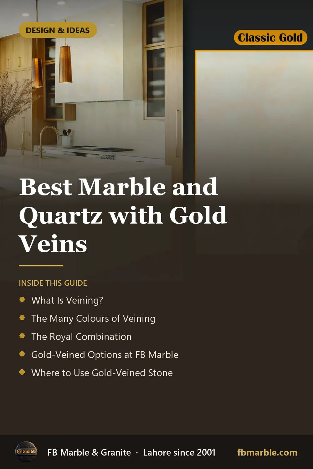 Pinterest graphic: Best Marble and Quartz with Gold Veins – FB Marble guide