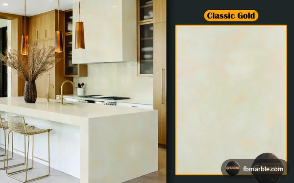 Classic Gold Quartz slab from FB Marble Lahore, suited to gold-veined quartz island
