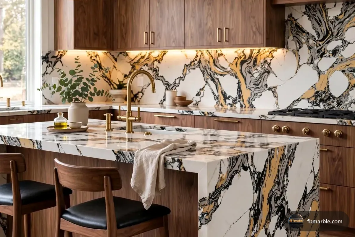 Panorama Gold Quartz slab from FB Marble Lahore, suited to gold veins close-up