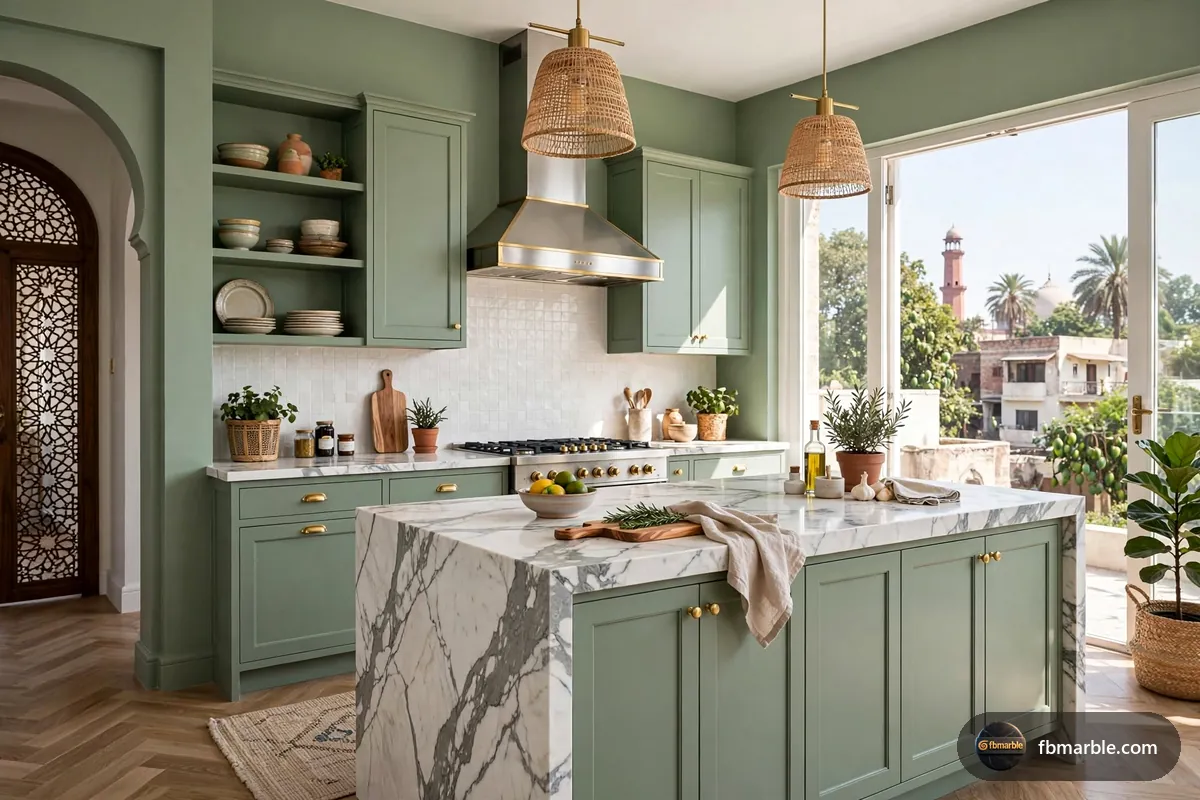 Kitchen island with waterfall edge in Calacatta Gold quartz