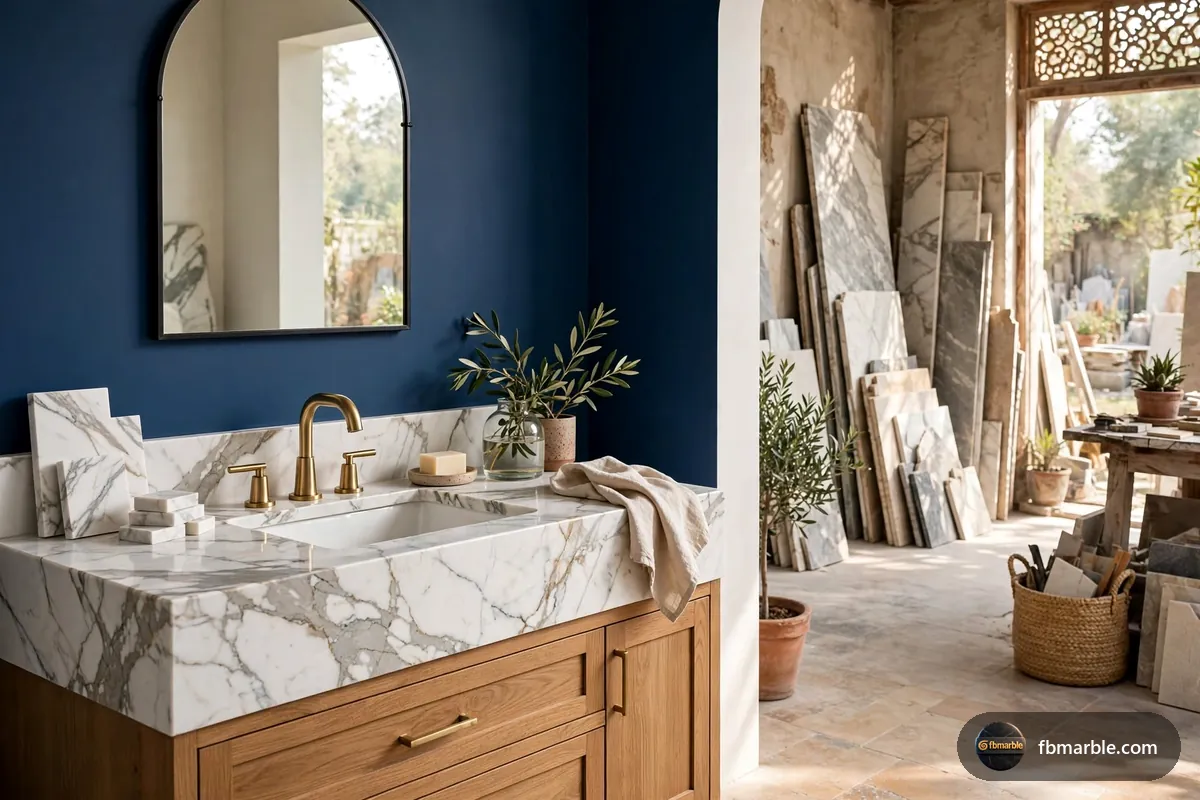 Navy Blue Quartz slab from FB Marble Lahore, suited to navy blue wall with calacatta vanity